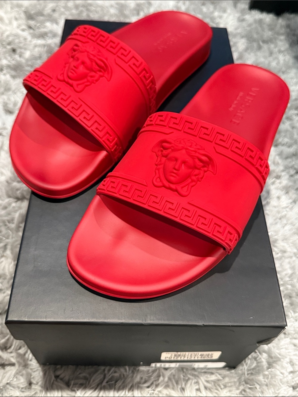 Versace Red Medusa Slide Sandals with Greek Key Detail